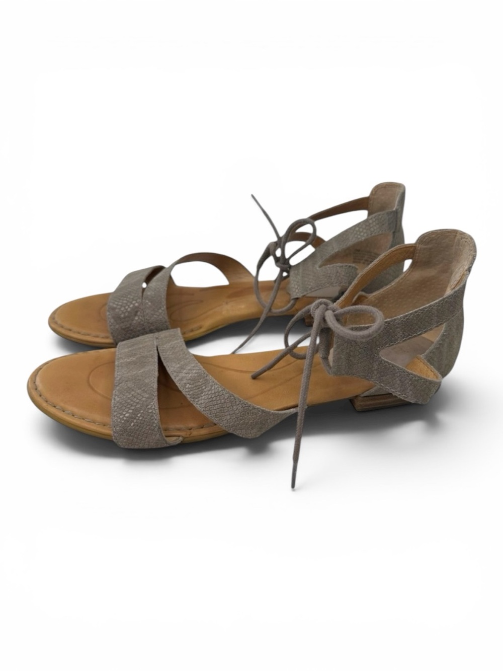 Born Leather Lace-Up Sandals 10 Gray Snakeskin Strappy Flat Boho